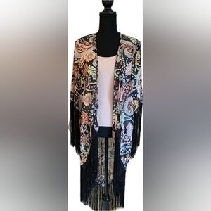 Miroh NWT Black Floral Fringe Kimono Size Large